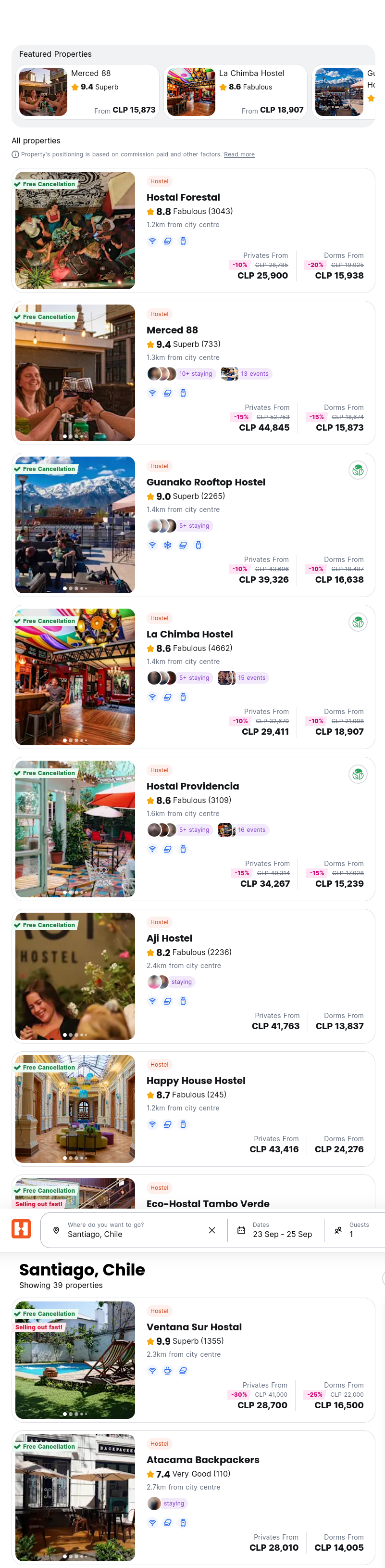 Hostelworld Santiago results showing lower-rated properties above Ventana Sur Hostal, rated 9.9 from 1,355 reviews.